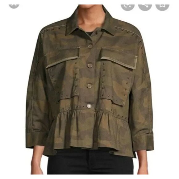 JOIE Green Mix Camo Print SAMIA Dolman Sleeve Studded Ruffle Peplum Hem Jacket - Picture 1 of 13